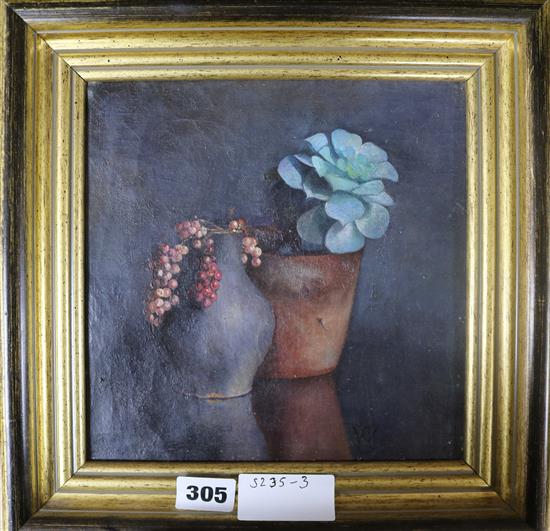 French School, oil on canvas, still life of a succulent and redcurrants 20 x 20cm